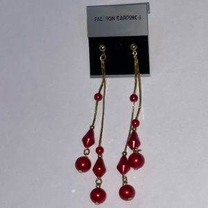 Red Beaded & Gold Chain Dangle Earrings